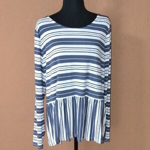 Du Jour Blue and White Peplum Long Sleeve Blouse Size L